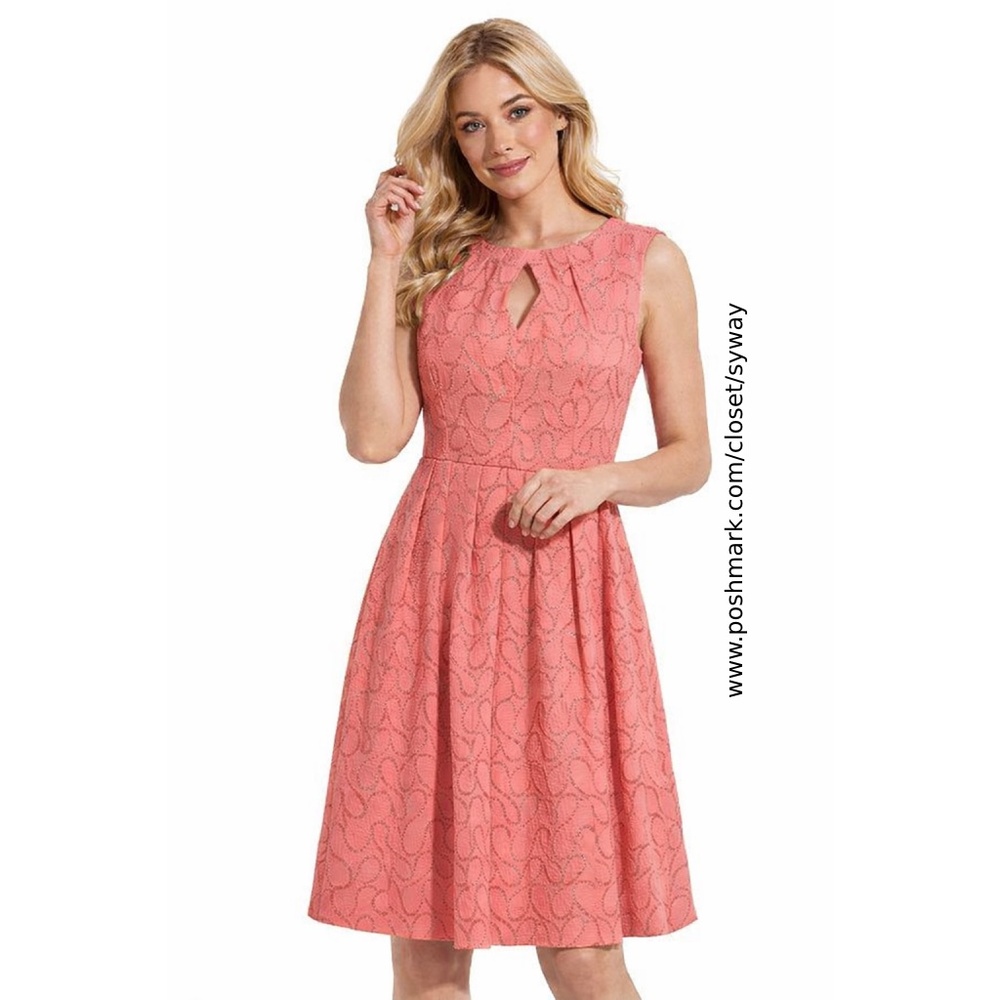 NWT Ellen Tracy Pink Coral Dress with Gold Shimmer Jacquard Design Fit and Flare